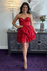 Misshow Sparkly A Line Red Strapless Short Homecoming Dress/Mini Dress with Bow