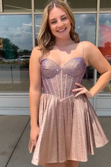 Misshow Sparkly A Line White Beaded Corset Short Homecoming Dress/Mini Dress