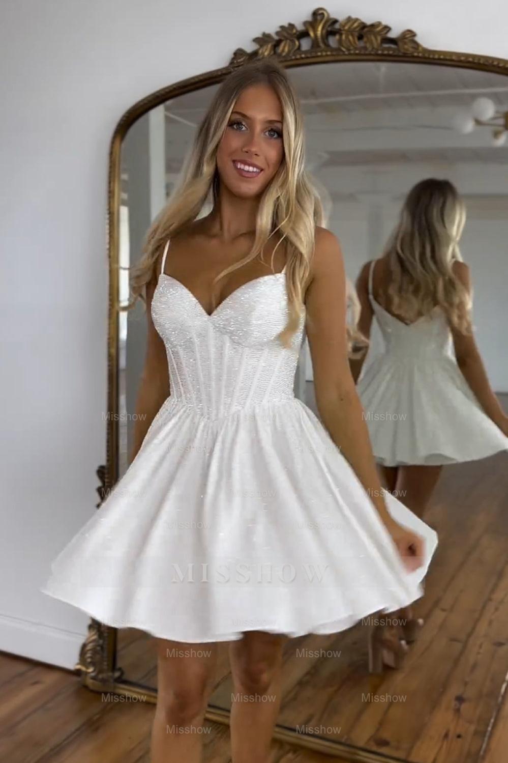 Misshow Sparkly A Line White Beaded Corset Short Homecoming Dress/Mini Dress