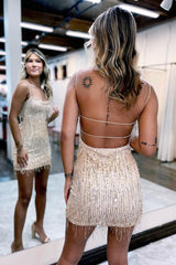 Misshow Sparkly Apricot Sequins Tight Short Homecoming Dress/Mini Dress with Fringes