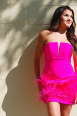 Misshow Sparkly Beaded Fuchsia Bodycon Feathered Homecoming Dress/Mini Dress
