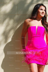 Misshow Sparkly Beaded Fuchsia Bodycon Feathered Homecoming Dress/Mini Dress