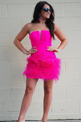 Misshow Sparkly Beaded Fuchsia Bodycon Feathered Homecoming Dress/Mini Dress