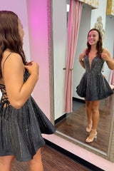 Misshow Sparkly Black Beaded A-Line Short Homecoming Dress/Mini Dress