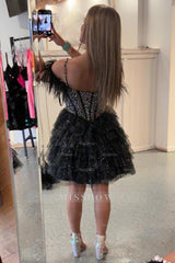 Misshow Sparkly Black Beaded Corset Ruffled Short Homecoming Dress/Mini Dress With Feathers