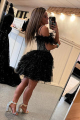 Misshow Sparkly Black Beaded Corset Ruffled Short Homecoming Dress/Mini Dress With Feathers