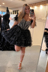 Misshow Sparkly Black Beaded Corset Ruffled Short Homecoming Dress/Mini Dress With Feathers