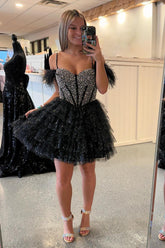 Misshow Sparkly Black Beaded Corset Ruffled Short Homecoming Dress/Mini Dress With Feathers