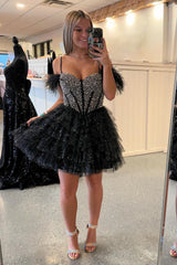 Misshow Sparkly Black Beaded Corset Ruffled Short Homecoming Dress/Mini Dress With Feathers