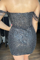 Misshow Sparkly Black Beaded Corset Sequins Fringed Tight Homecoming Dress/Mini Dress