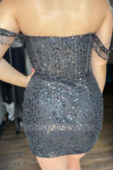 Misshow Sparkly Black Beaded Corset Sequins Fringed Tight Homecoming Dress/Mini Dress