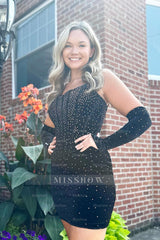 Misshow Sparkly Black Beaded Corset Tight Short Homecoming Dress/Mini Dress With Detachable Sleeves