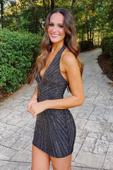 Misshow Sparkly Black Beaded Tight Halter Short Homecoming Dress/Mini Dress