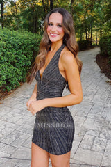 Misshow Sparkly Black Beaded Tight Halter Short Homecoming Dress/Mini Dress