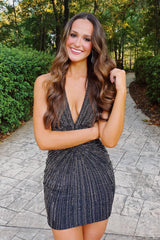 Misshow Sparkly Black Beaded Tight Halter Short Homecoming Dress/Mini Dress