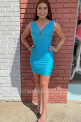 Misshow Sparkly Black Beaded V-Neck Backless Tight Short Homecoming Dress/Mini Dress