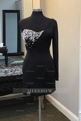 Misshow Sparkly Black BeadedOne Shoulder One Sleeve Tight Short Homecoming Dress/Mini Dress