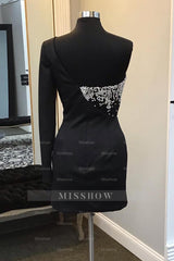 Misshow Sparkly Black BeadedOne Shoulder One Sleeve Tight Short Homecoming Dress/Mini Dress