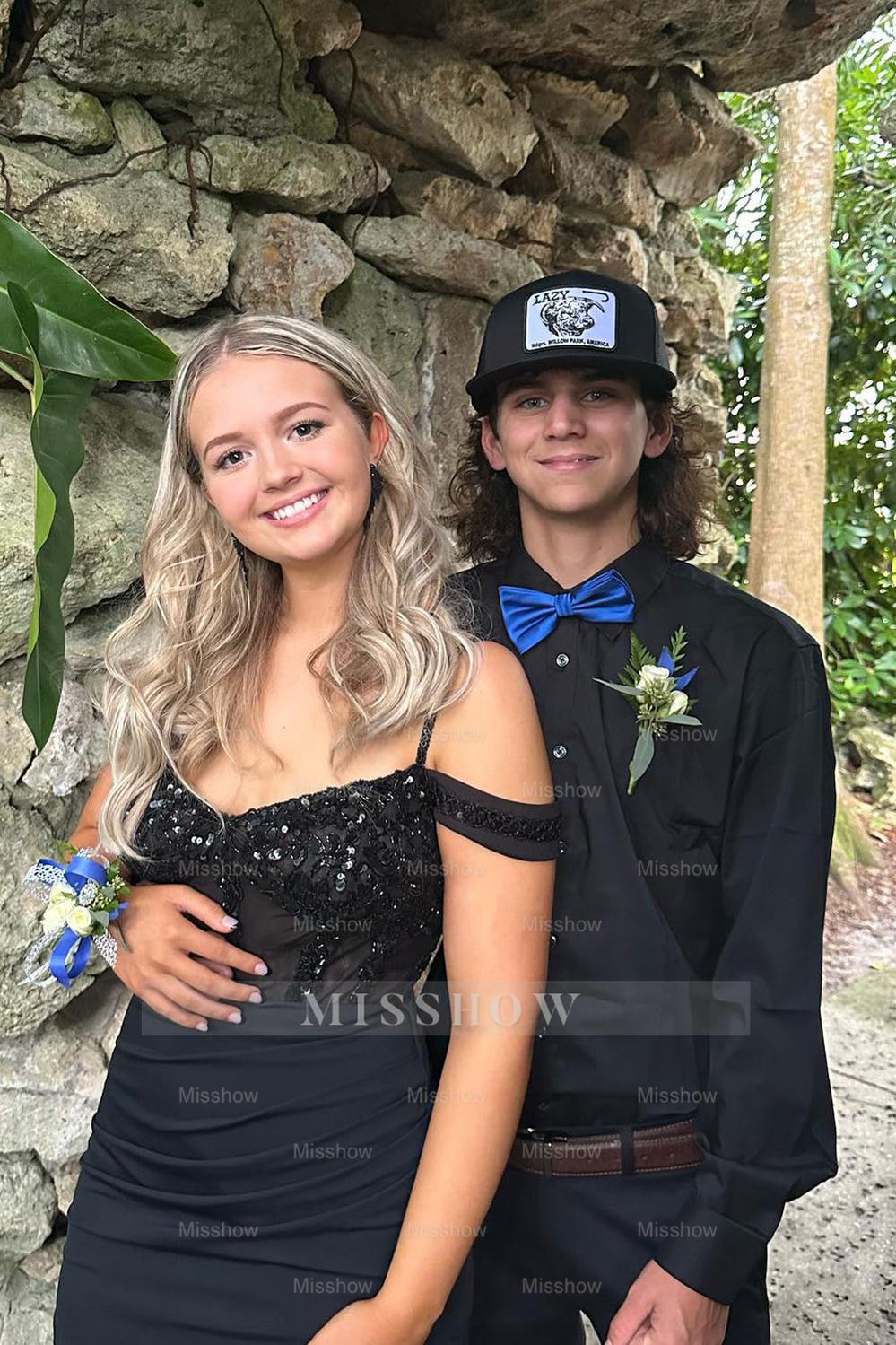 Misshow Sparkly Black Cold Shoulder Corset Tight Short Homecoming Dress/Mini Dress