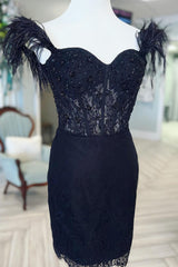 Misshow Sparkly Black Corset Lace Feathers Tight Short Homecoming Dress/Mini Dress