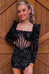 Misshow Sparkly Black Corset Long Sleeves Sequins Tight Short Homecoming