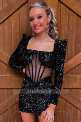 Misshow Sparkly Black Corset Long Sleeves Sequins Tight Short Homecoming