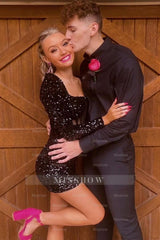 Misshow Sparkly Black Corset Long Sleeves Sequins Tight Short Homecoming