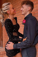 Misshow Sparkly Black Corset Long Sleeves Sequins Tight Short Homecoming