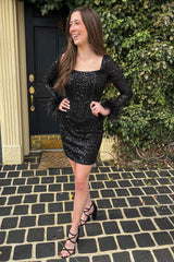 Misshow Sparkly Black Corset Long Sleeves Tight Short Hoco Dress with Feathers