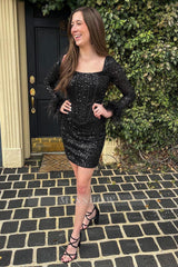 Misshow Sparkly Black Corset Long Sleeves Tight Short Hoco Dress with Feathers
