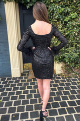Misshow Sparkly Black Corset Long Sleeves Tight Short Hoco Dress with Feathers
