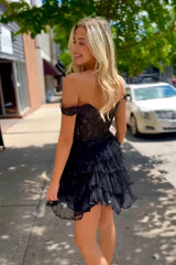 Misshow Sparkly Black Corset Ruffled Short Homecoming Dress/Mini Dress With Lace