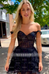 Misshow Sparkly Black Corset Ruffled Short Homecoming Dress/Mini Dress With Lace