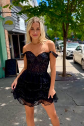 Misshow Sparkly Black Corset Ruffled Short Homecoming Dress/Mini Dress With Lace