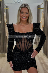 Misshow Sparkly Black Corset Sequined Tight Short Homecoming with Long Sleeves