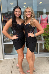 Misshow Sparkly Black Corset Sequins Tight Short Homecoming Dress/Mini Dress with Lace