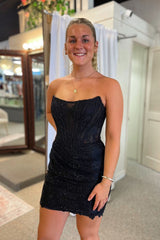 Misshow Sparkly Black Corset Strapless Tight Short Homecoming Dress/Mini Dress