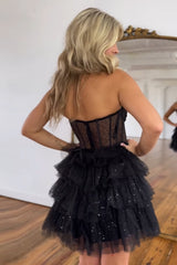 Misshow Sparkly Black Corset Tiered A-Line Tulle Short Homecoming Dress/Mini Dress