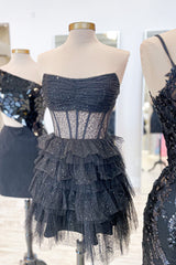Misshow Sparkly Black Corset Tiered A-Line Tulle Short Homecoming Dress/Mini Dress