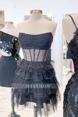 Misshow Sparkly Black Corset Tiered A-Line Tulle Short Homecoming Dress/Mini Dress