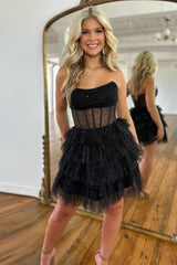 Misshow Sparkly Black Corset Tiered A-Line Tulle Short Homecoming Dress/Mini Dress