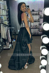 Misshow Sparkly Black High Low Satin A-Line Mirror Homecoming Dress/Mini Dress
