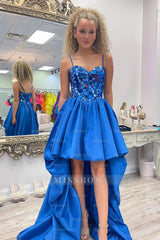 Misshow Sparkly Black High Low Satin A-Line Mirror Homecoming Dress/Mini Dress