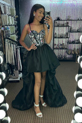 Misshow Sparkly Black High Low Satin A-Line Mirror Homecoming Dress/Mini Dress