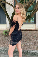Misshow Sparkly Black Lace Tight Short Homecoming Dress/Mini Dress with Feathers
