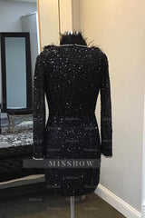 Misshow Sparkly Black Long Sleeves Sequins Tight Beaded Short Homecoming Dress/Mini Dress with Feathers