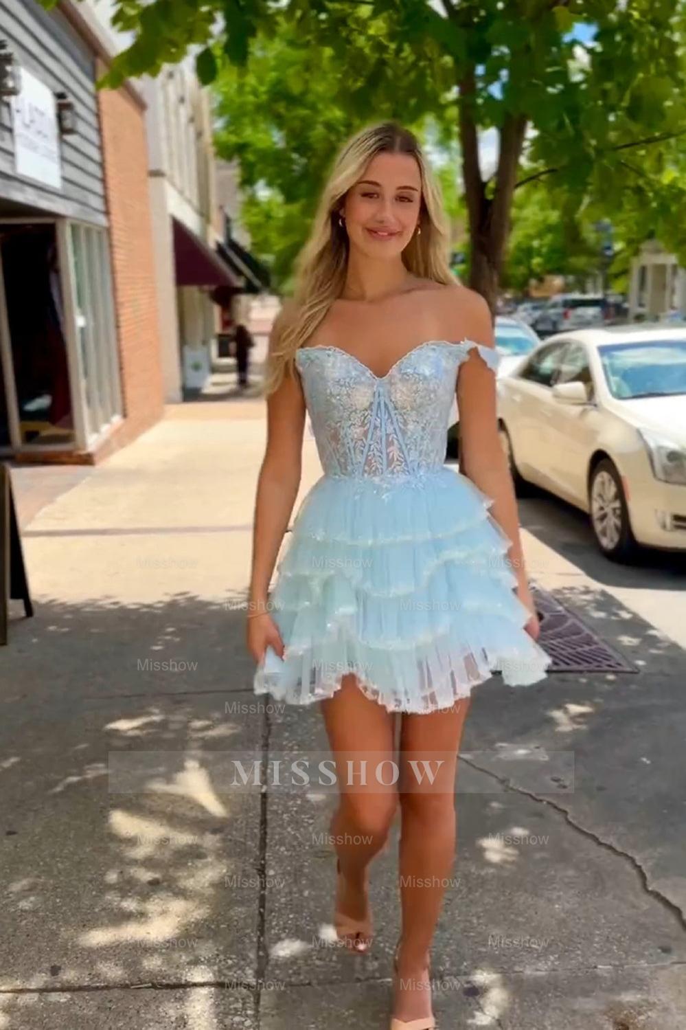 Misshow Sparkly Black Off The Shoulder Corset Short Homecoming Dress/Mini Dress with Ruffles