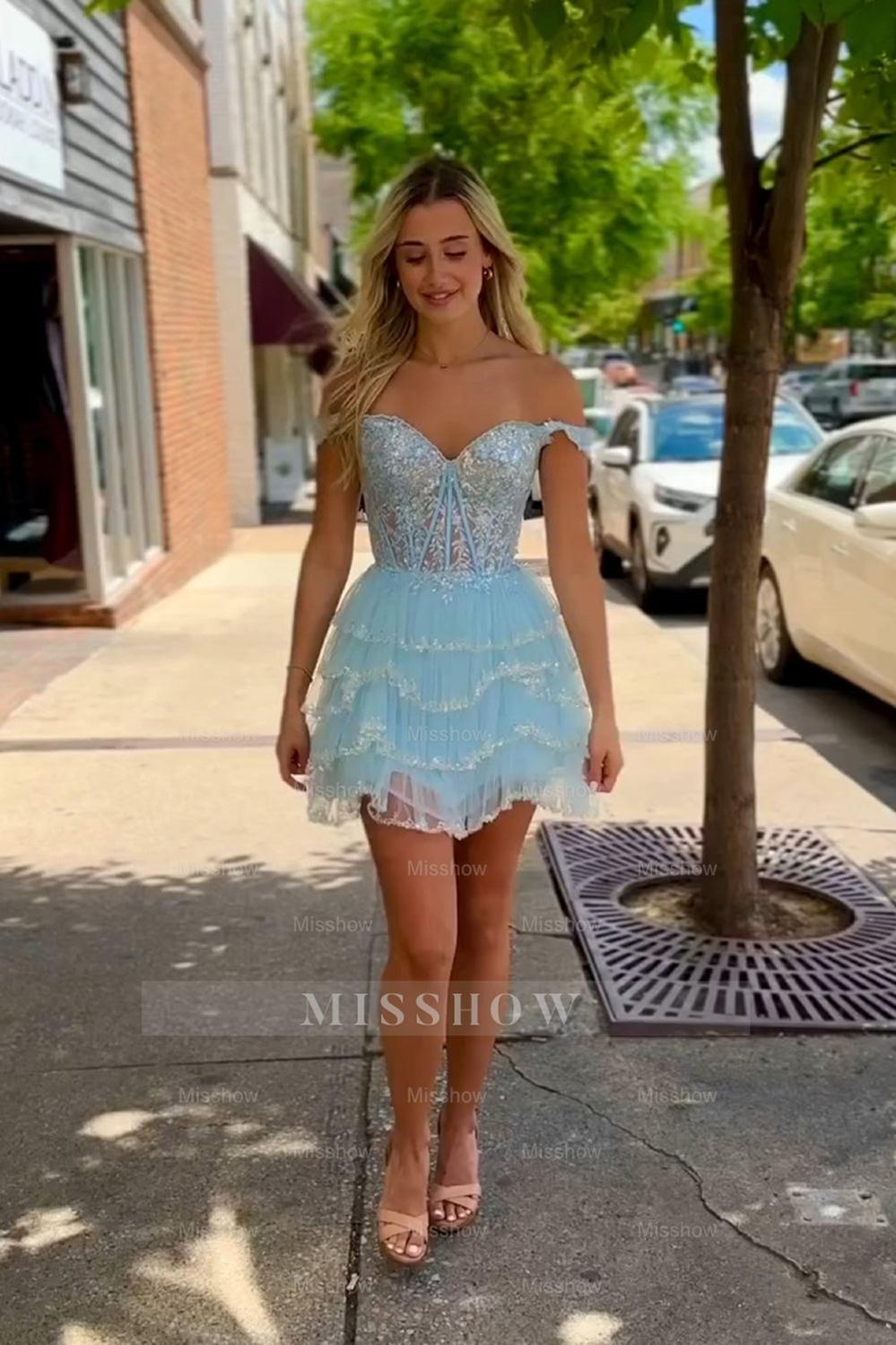 Misshow Sparkly Black Off The Shoulder Corset Short Homecoming Dress/Mini Dress with Ruffles