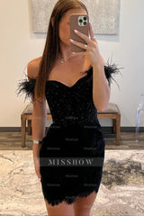 Misshow Sparkly Black Off The Shoulder Corset Tight Short Homecoming Dress/Mini Dress with Feathers