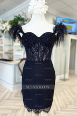 Misshow Sparkly Black Off The Shoulder Corset Tight Short Homecoming Dress/Mini Dress with Feathers